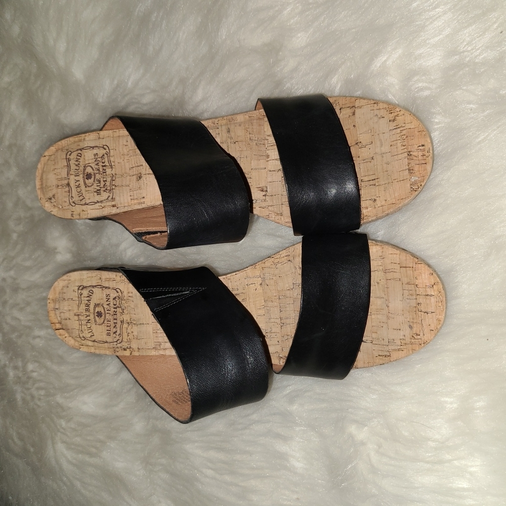 Lucky Brand Size 11 M Black Leather Wedge Sandals